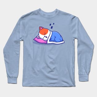 Cute Cat Sleeping With Pillow And Blanket Cartoon Long Sleeve T-Shirt